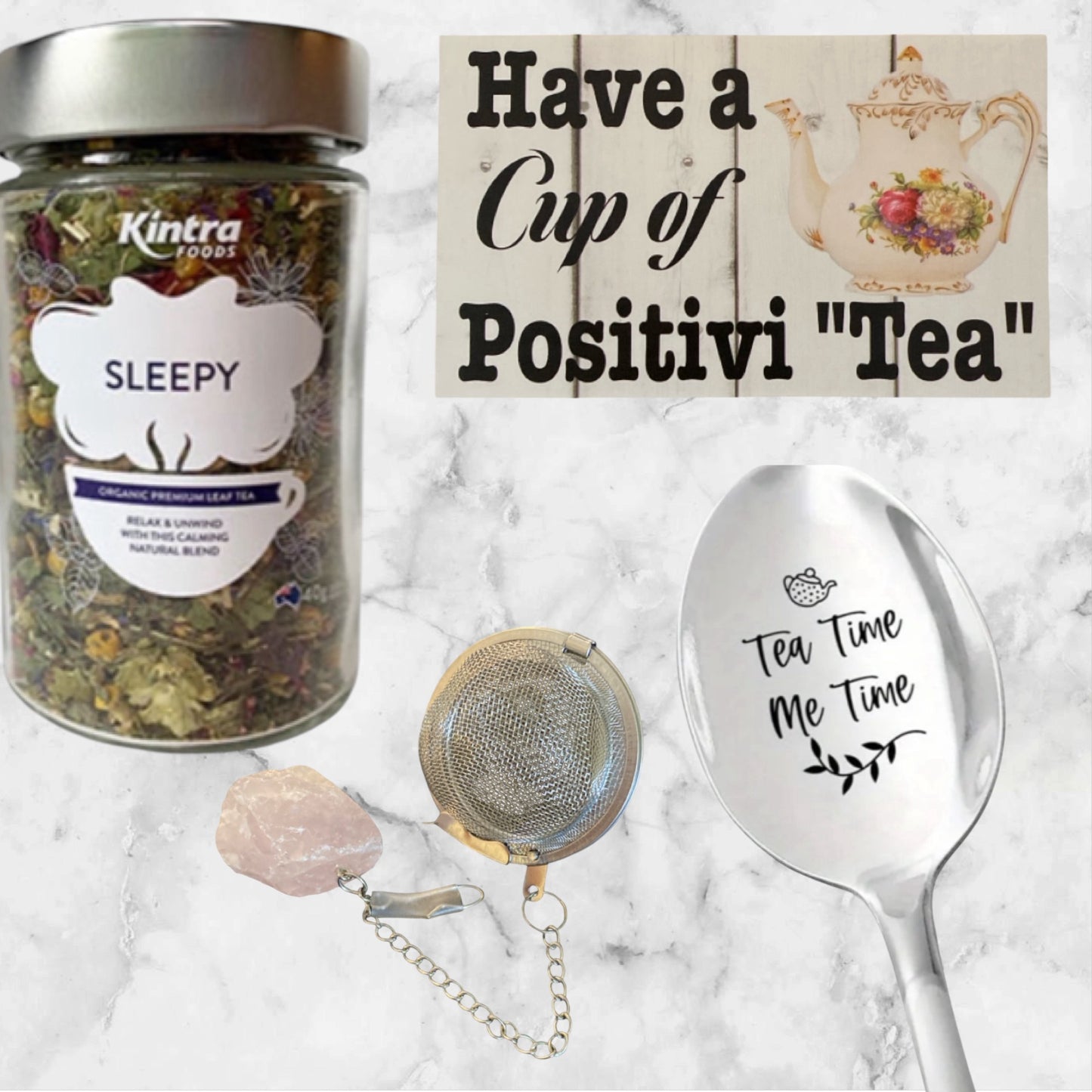 Sleepy Tea Me Time Spoon Strainer with Crystal Sign Gift Pack