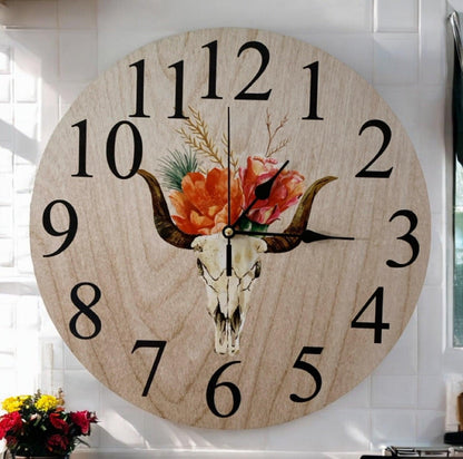 Clock Wall Wild West Cow Bull Skull Floral Aussie Made - The Renmy Store Homewares & Gifts 