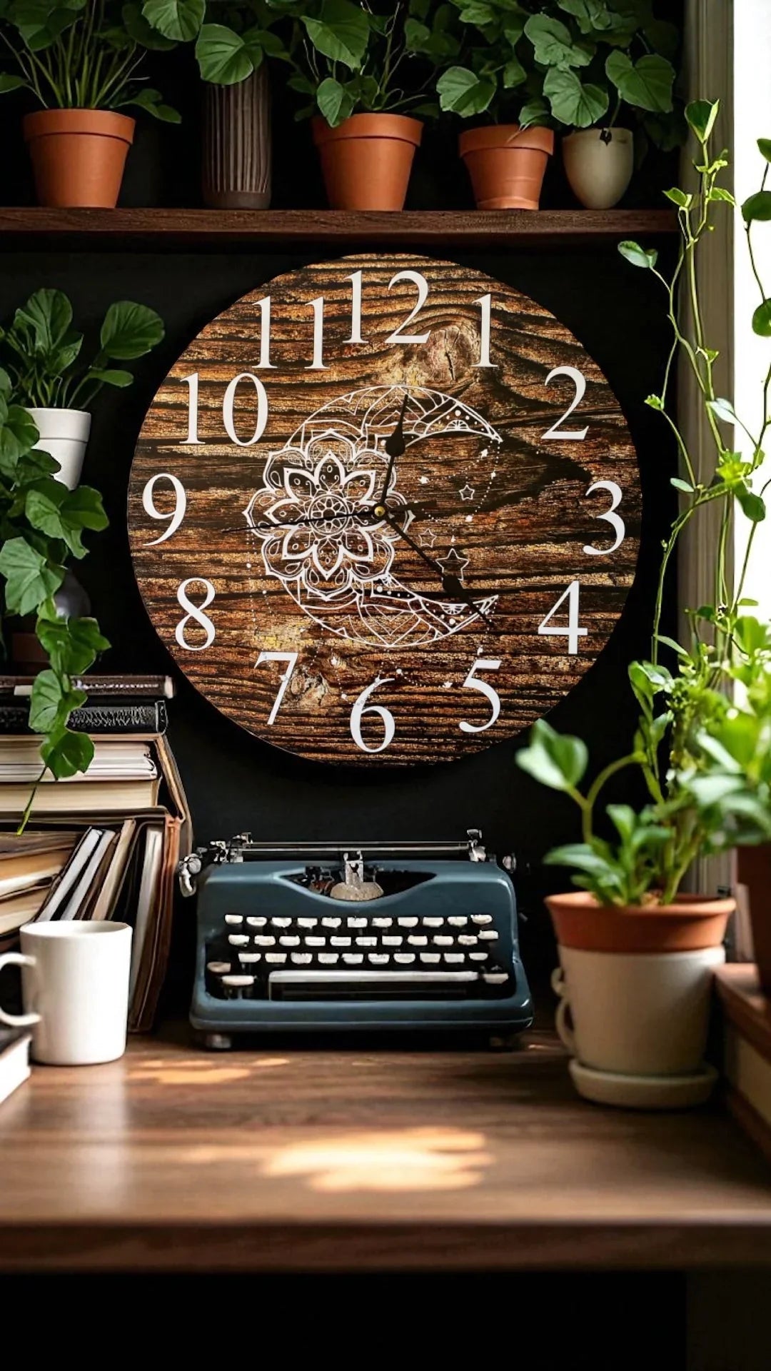 Clock Wall Moon Mandala Dark Timber 30cm or 60cm  Aussie Made