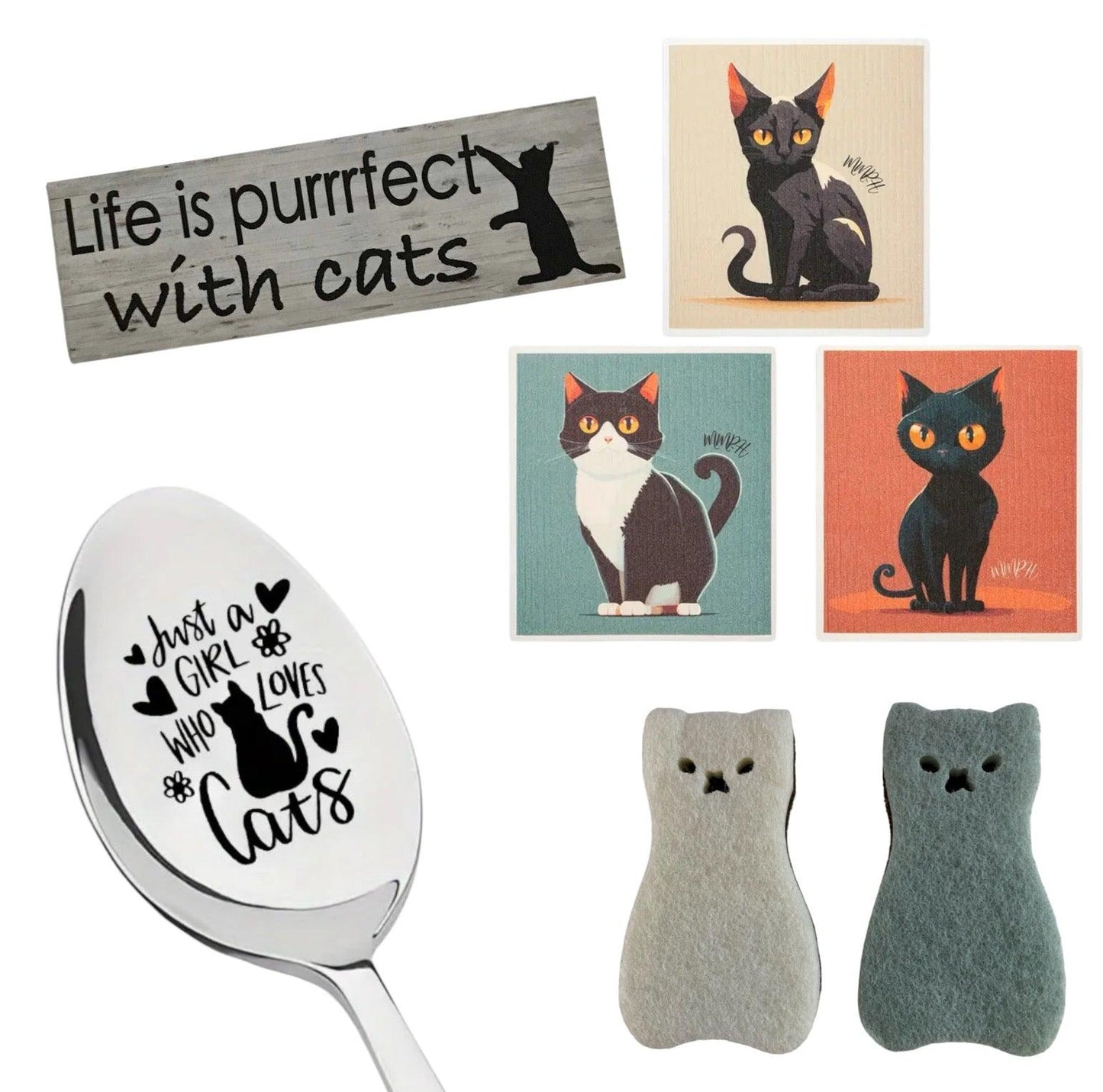 Cat Dish Cloths Spoon Sponges Life Is Perfect Cats Sign Gift Set - The Renmy Store Homewares & Gifts 