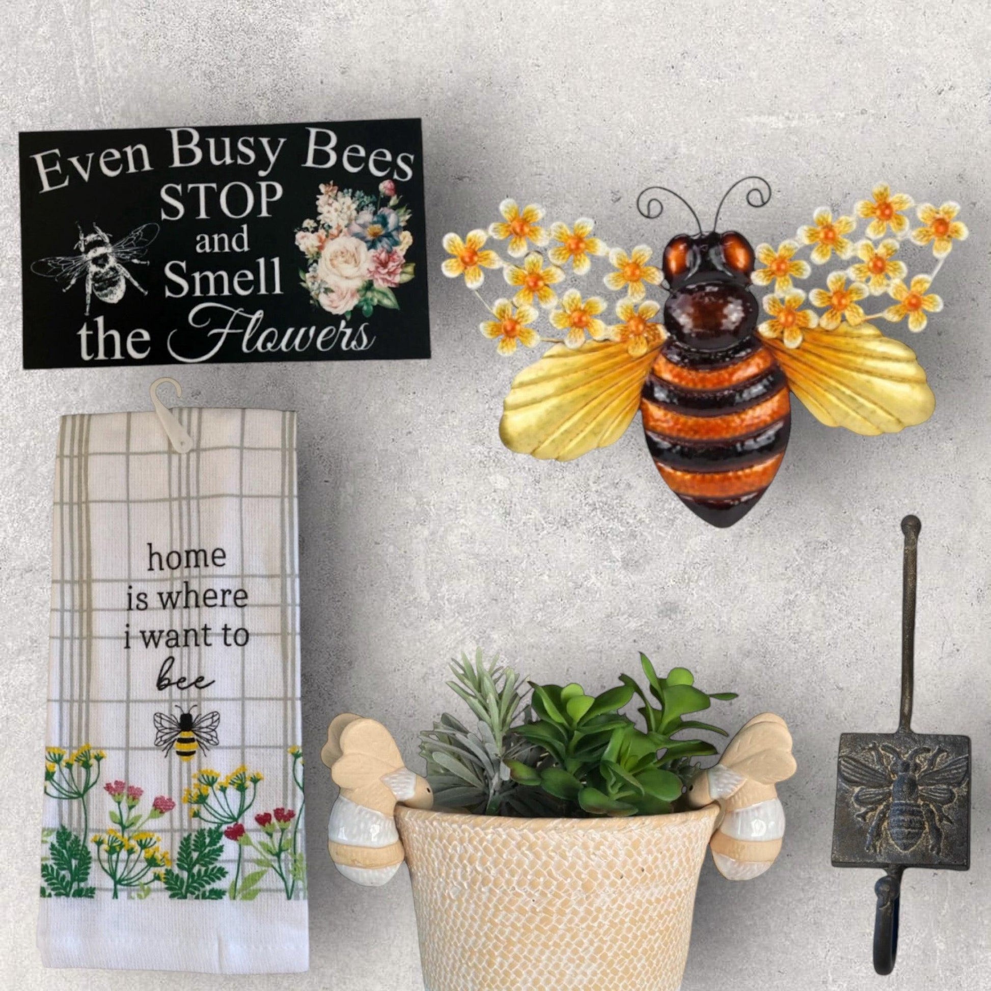 Bee Wall Art Tea Towel Pot Sitter Hook Sign Gift Set - The Renmy Store Homewares & Gifts 