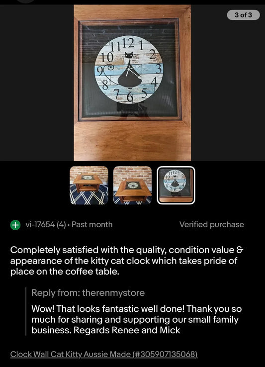 Clock Wall Cat Kitty Aussie Made - The Renmy Store Homewares & Gifts 