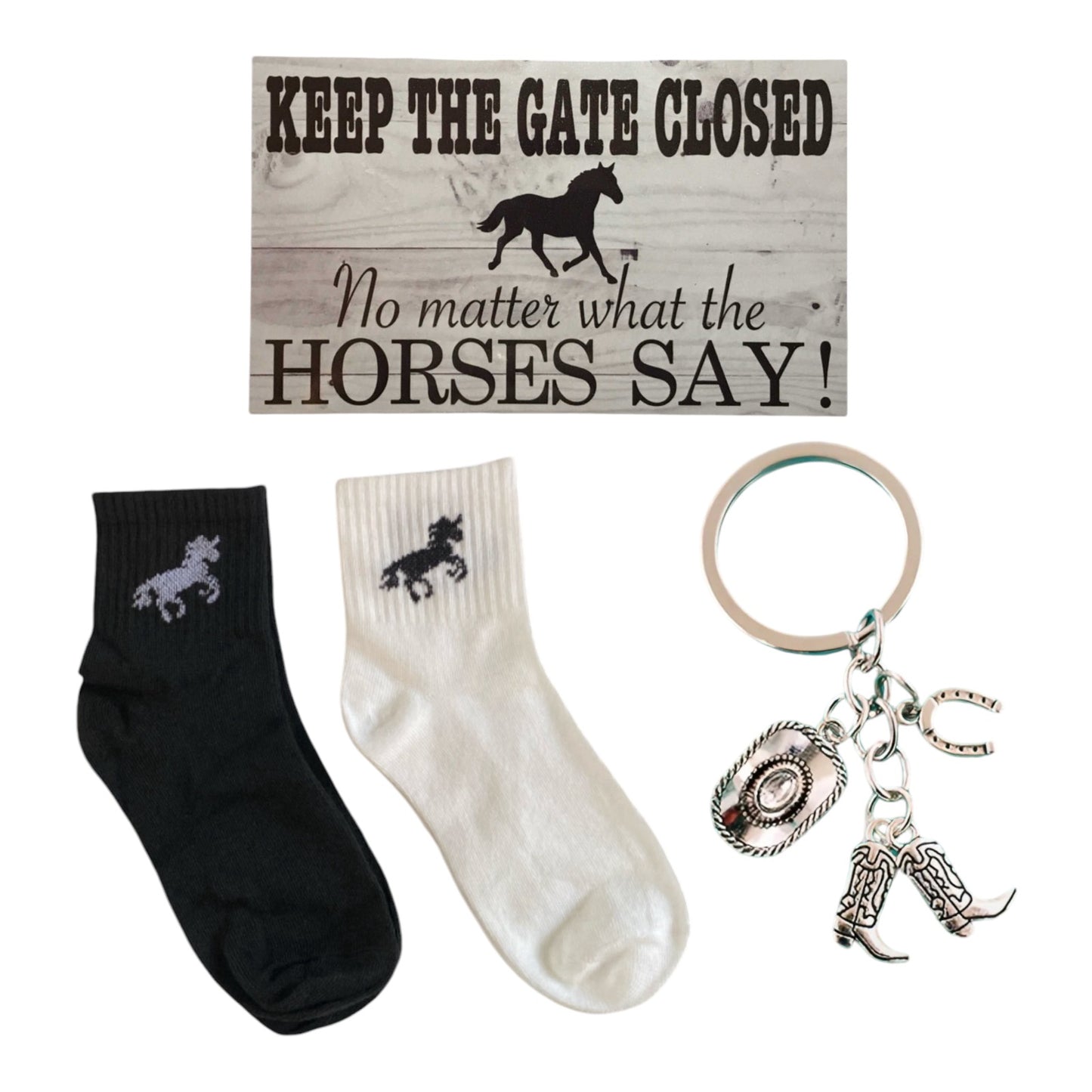 Horse Lover Socks Keychain Keep Gate Closed Sign Gift Set