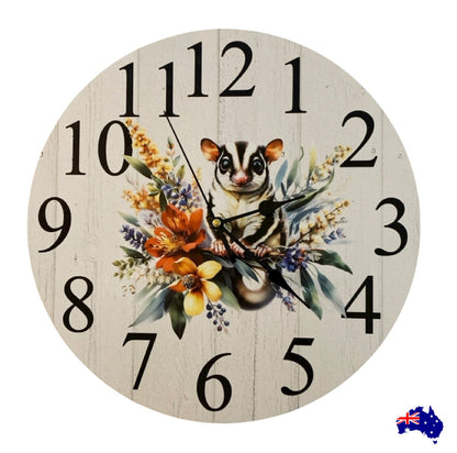 Clock Wall Possum Floral 30cm 60cm Aussie Made