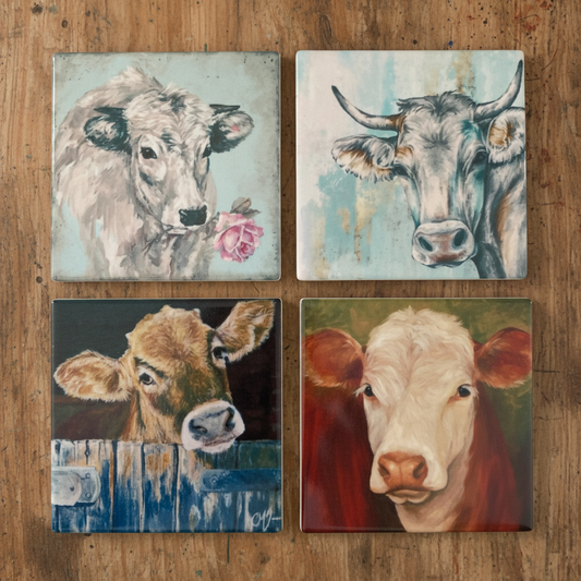 Coasters Set of 4 | Country Cow Ceramic Cork Back Farmhouse 10x10cm