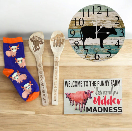 Cow Lover Wood Utensils Clock Funny Sign Gift Set - The Renmy Store Homewares & Gifts 