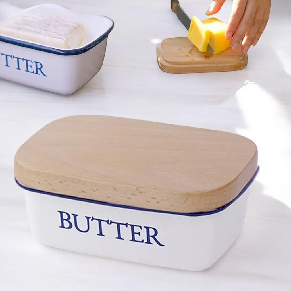 Butter Dish Enamel Wooden Lid Vintage