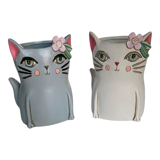 Cat Plant Pot or Pen Holder Resin Hand Painted - White or Grey Kitty 19x16cm