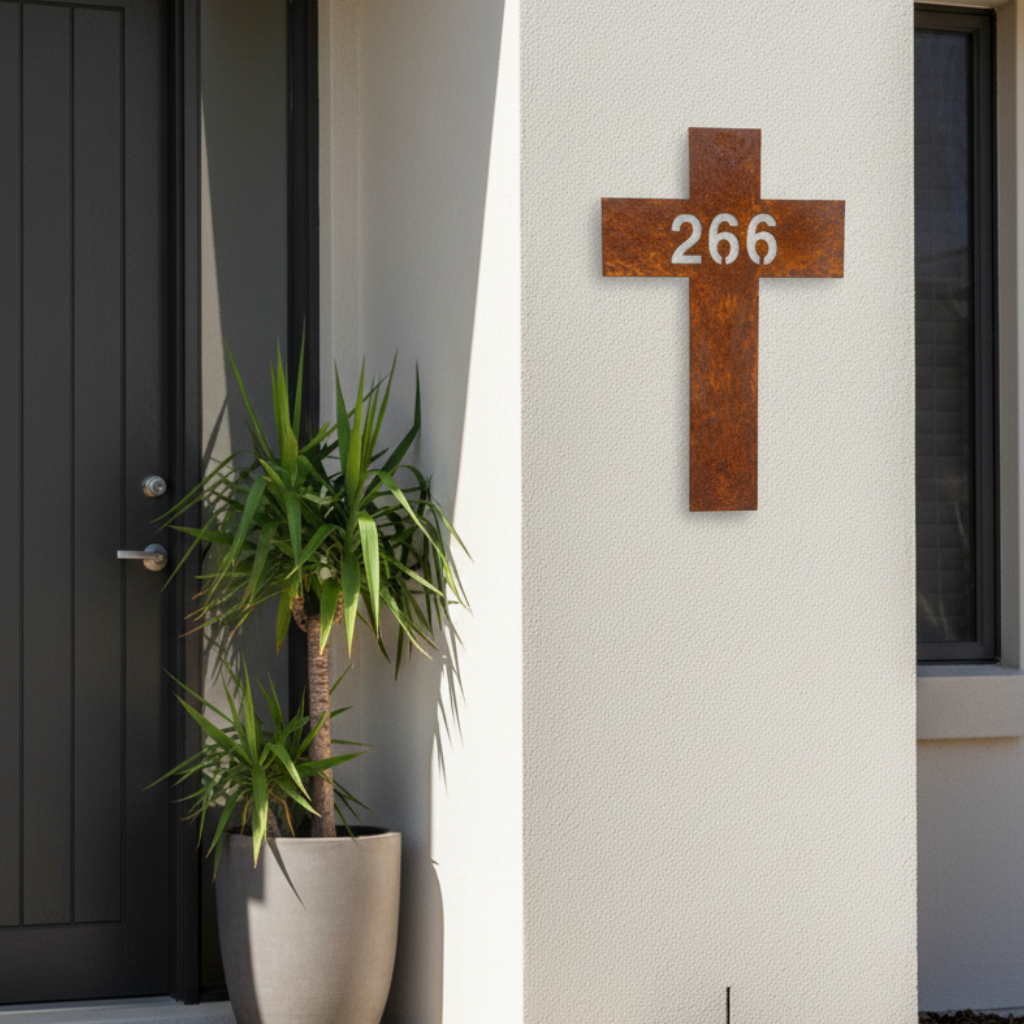 Cross House Number Sign Custom Coastal Metal - Aussie Made