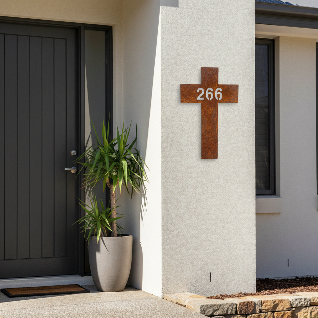 Cross House Number Sign Custom Coastal Metal - Aussie Made