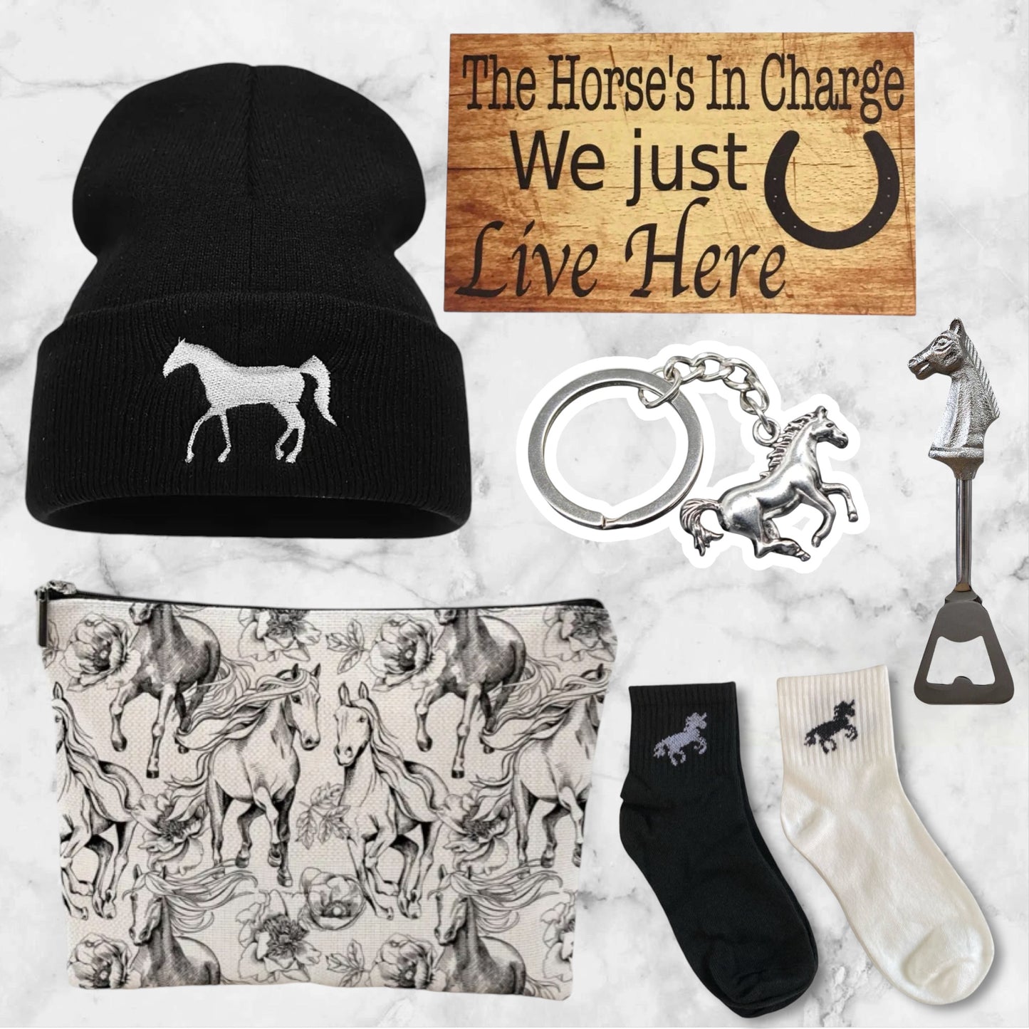 Horse Lover Bag Socks Cast Iron Bell Beanie Bottle Opener Sign Gift Set