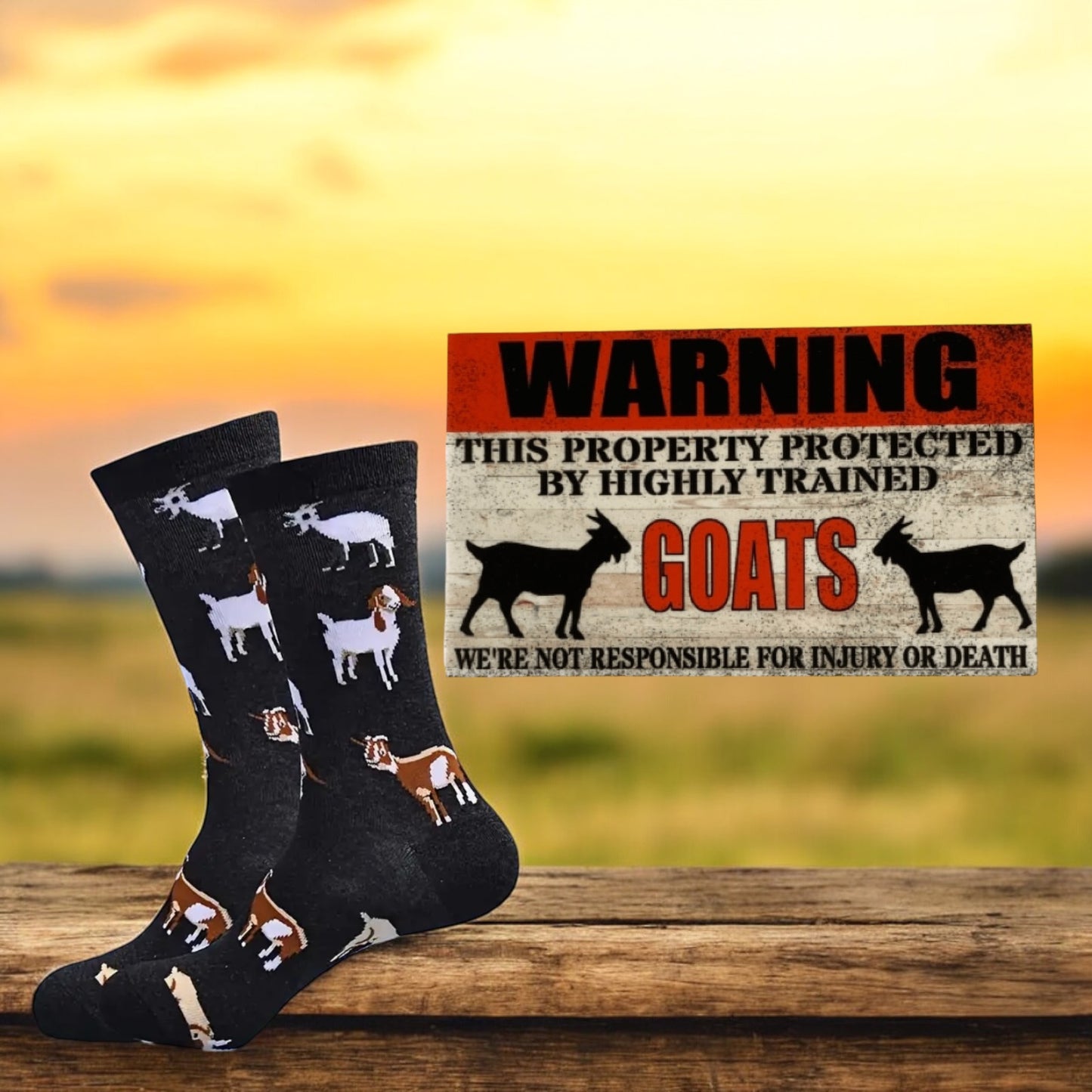 Goat Lover Socks and Warning Goat Sign Gift Set