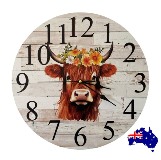 Clock Wall Cow Highland Floral Orange Aussie Made