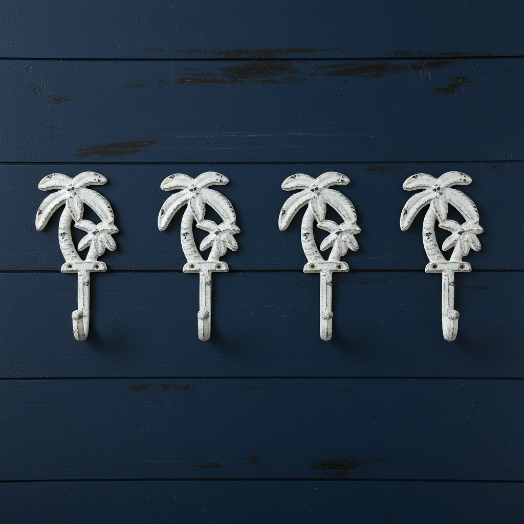 4 Palm Tree Hooks on Dark Navy Blue Timber