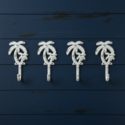 4 Palm Tree Hooks on Dark Navy Blue Timber