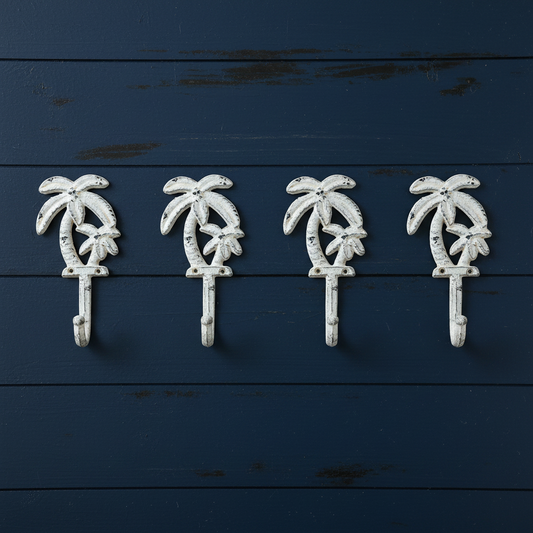 4 Palm Tree Hooks on Dark Navy Blue Timber