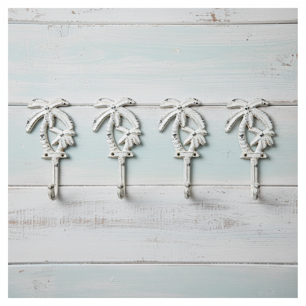 4 Palm Tree Hooks on Rustic Light Blue Timber