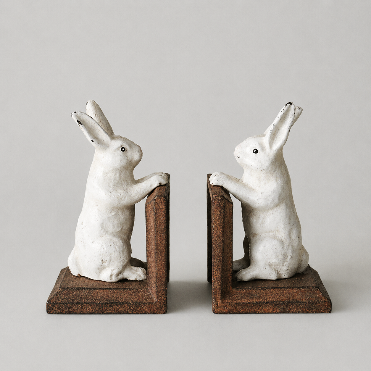 Rabbit Bookends Cast Iron | White Rabbit Brown Base | Set of 2 | 22cm x 16cm