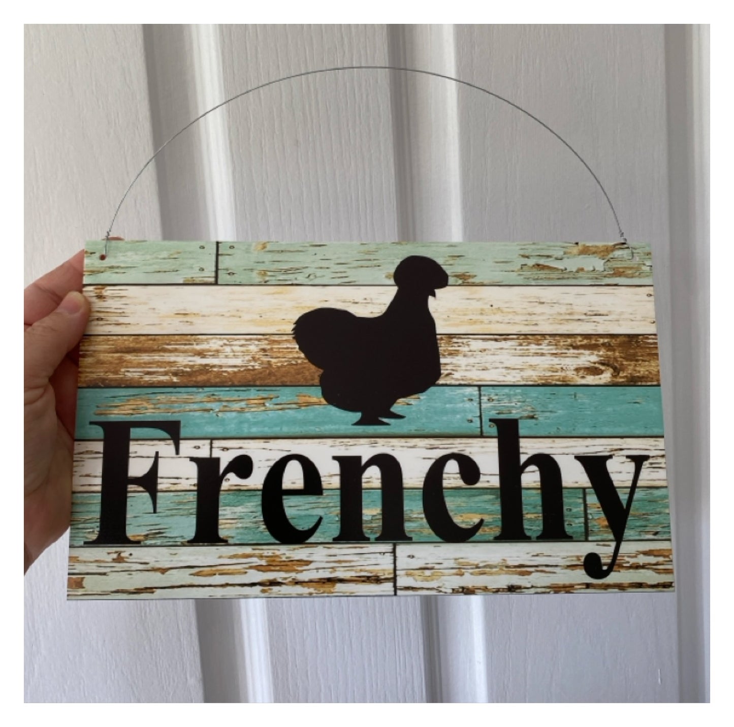 Silkie Chicken Custom Personalised Sign Rustic Blue