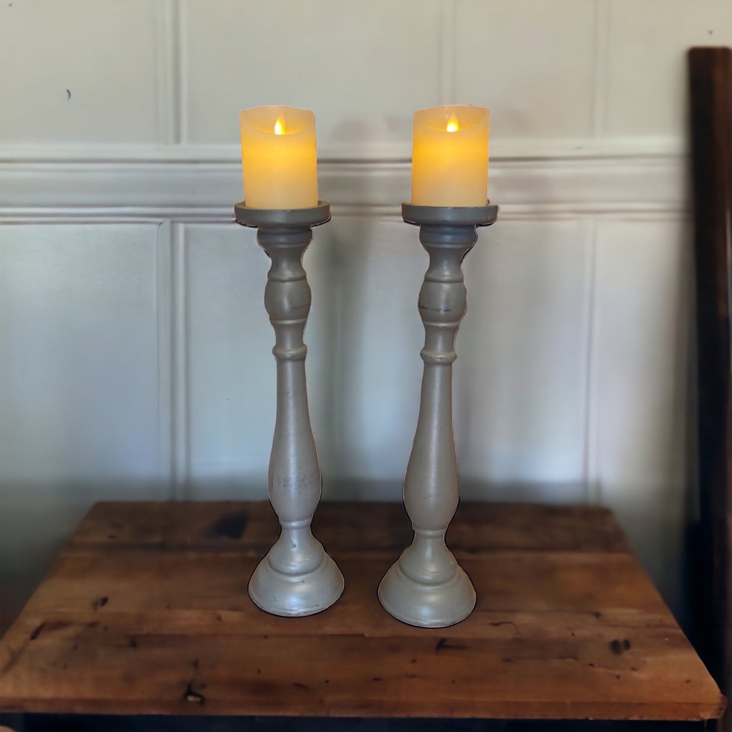 Candle Holder Pillar Grey Set of 2