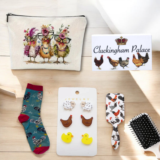 Chicken Bag Socks Earrings Brush Cluckingham Palace Sign Gift Set