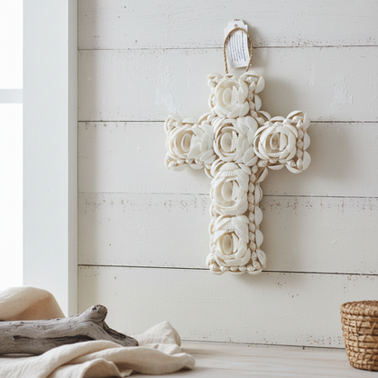 Handmade Hanging Wood Shell Cross | Artisan Bali | Coastal Boho Decor