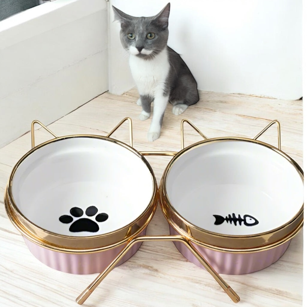 Cat Bowl with Stand Shabby Chic Gold Pink