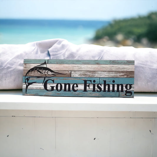 Gone Fishing with Marlin Fish Blue Sign
