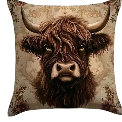 Highland Cow Cushion Cover | Farmhouse Floral Pillow Cover | 4 Designs | 40x40 45x45 50x50 60x60cm