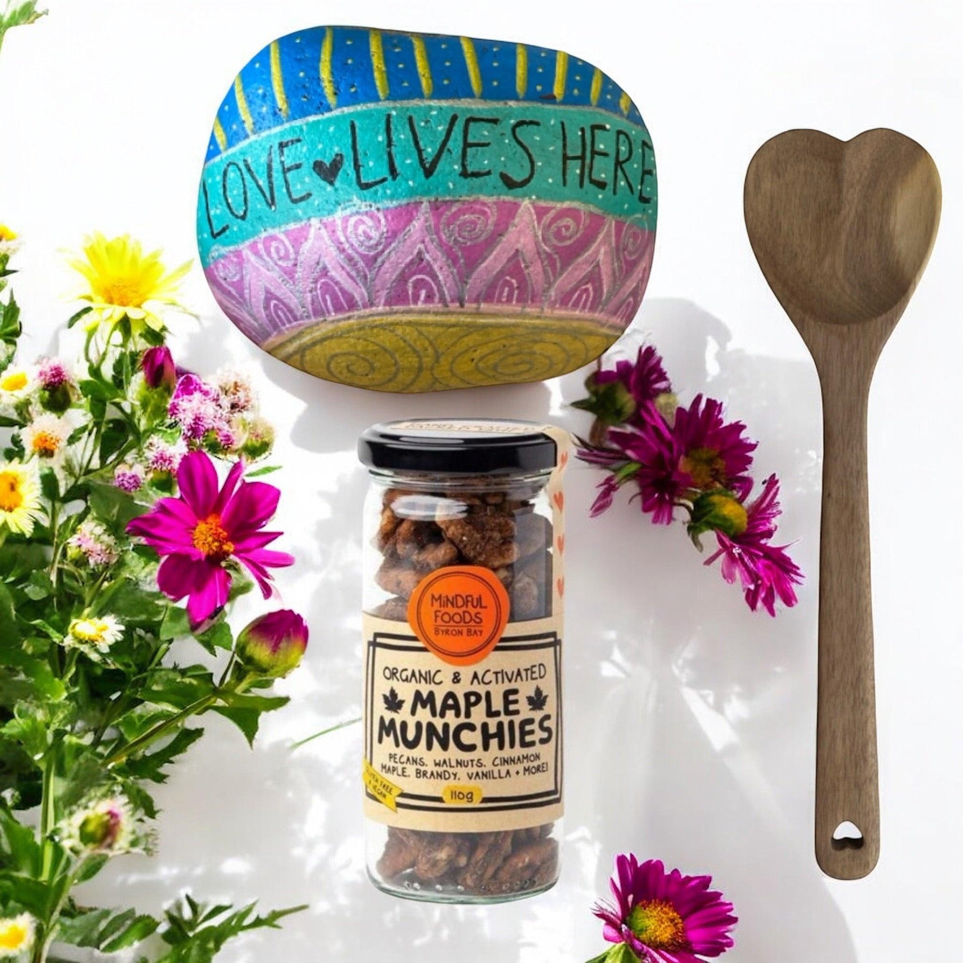 Byron Bay Maple Nuts Heart Wooden Spoon Love Lives Here Rock Gift Pack - The Renmy Store Homewares & Gifts 