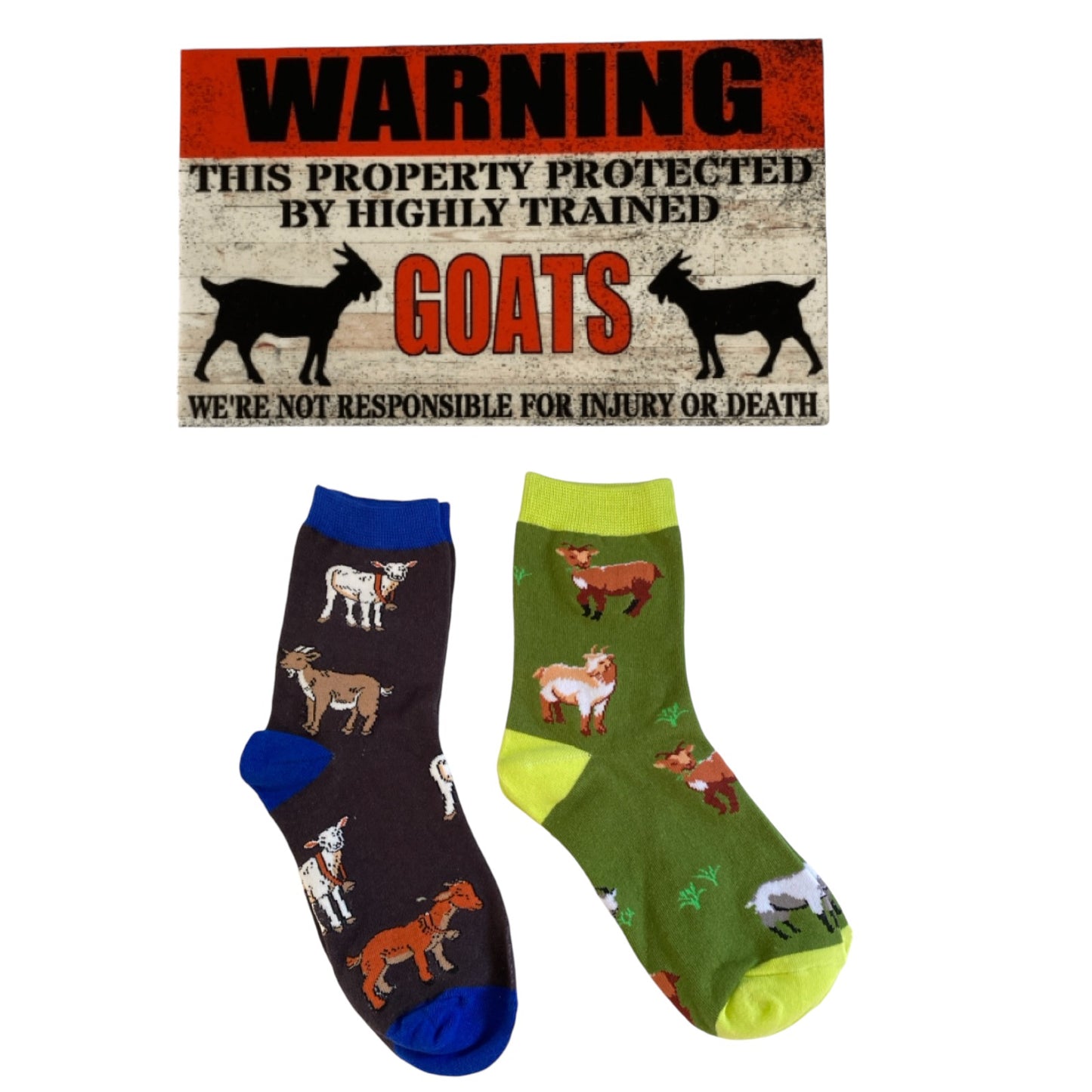 Goat Lover Two Socks and Warning Goat Sign Gift Set