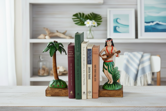 Hula Girl Tropical Palm Tree Bookends - Cast Iron - Vintage Decor