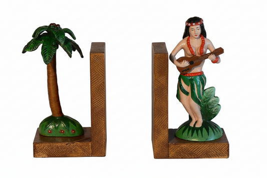 Hula Girl Tropical Palm Tree Bookends - Cast Iron - Vintage Decor