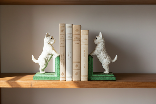 Scottish Highland Dog Bookends White - Cast Iron - Vintage Desk Decor