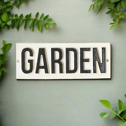 Rectangular sign with 'GARDEN' text on a white background
