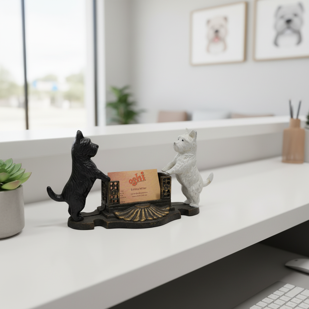 Business Card Holder Scottish Terrier Scotty Dog - Cast Iron - Vintage Desk Decor - Australian Made