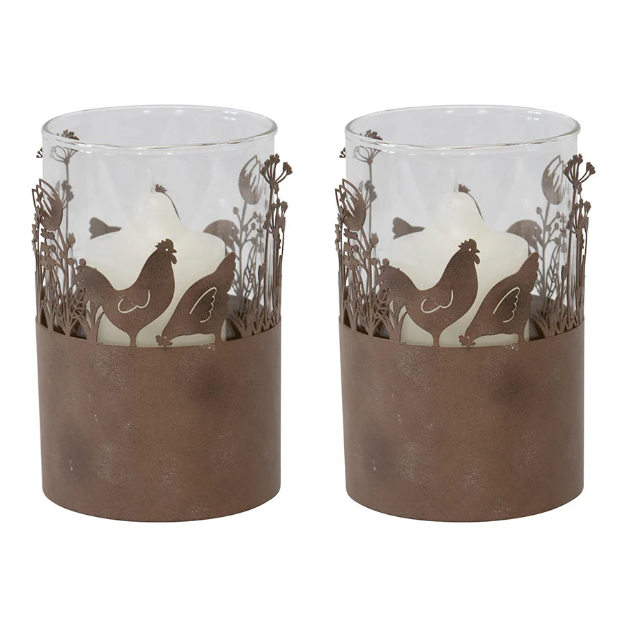 Candle Holder Set of 2 Rustic Rust Chicken Rooster