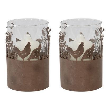 Candle Holder Set of 2 Rustic Rust Chicken Rooster