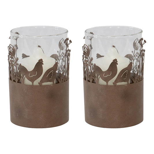Candle Holder Set of 2 Rustic Rust Chicken Rooster