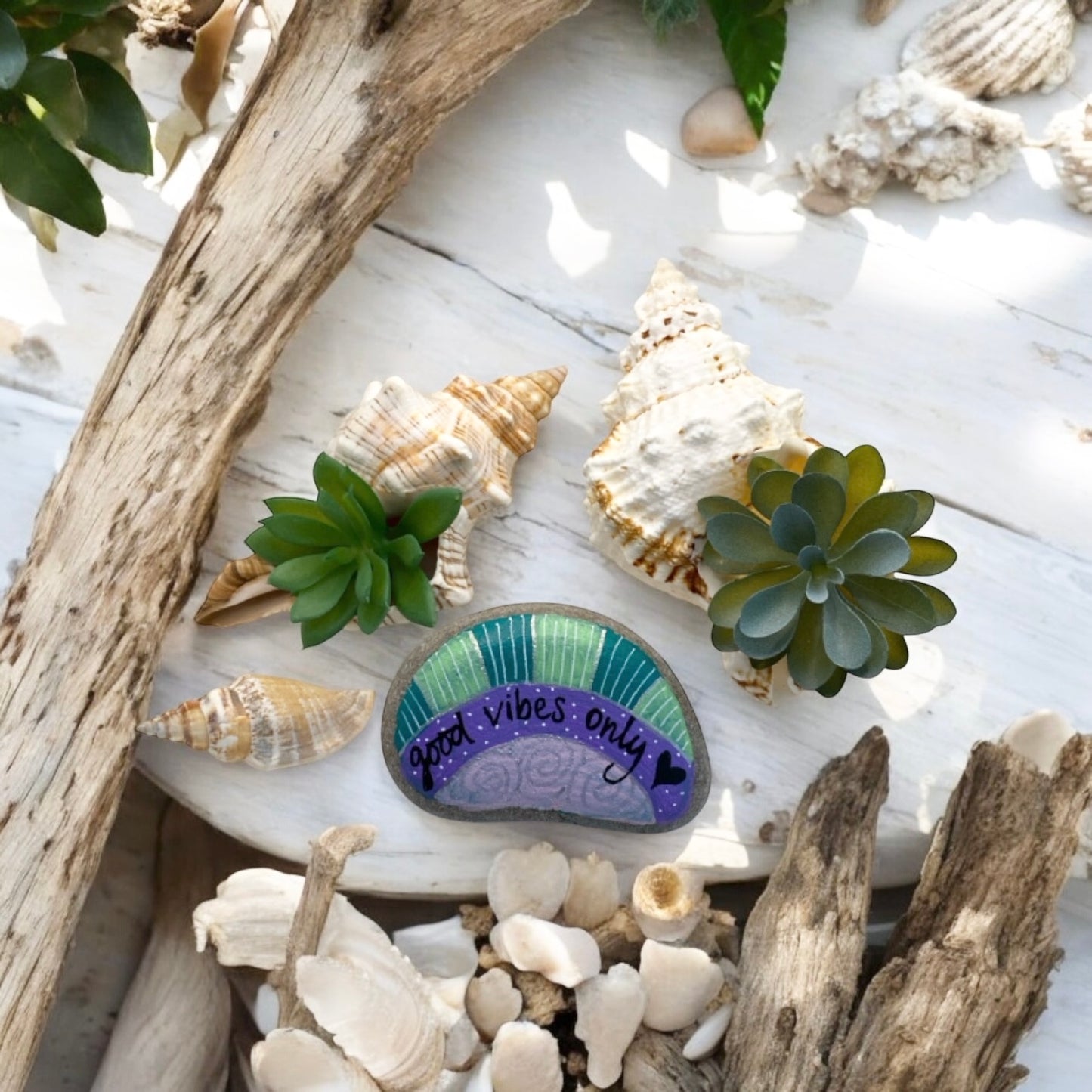 Succulent Shell Good Vibes Rock Gift