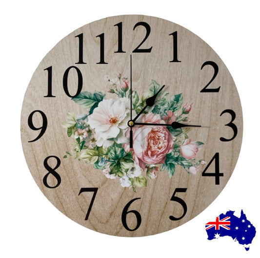 Clock Wall Floral Pink Rose Peony White Aussie Made - The Renmy Store Homewares & Gifts 