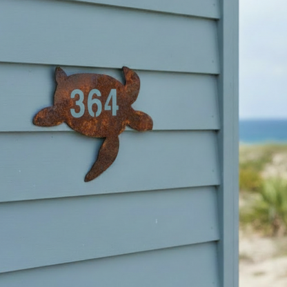 Custom Turtle House Number Coastal Sign - Personalised Rusty Metal Steel Sign - Australian Made