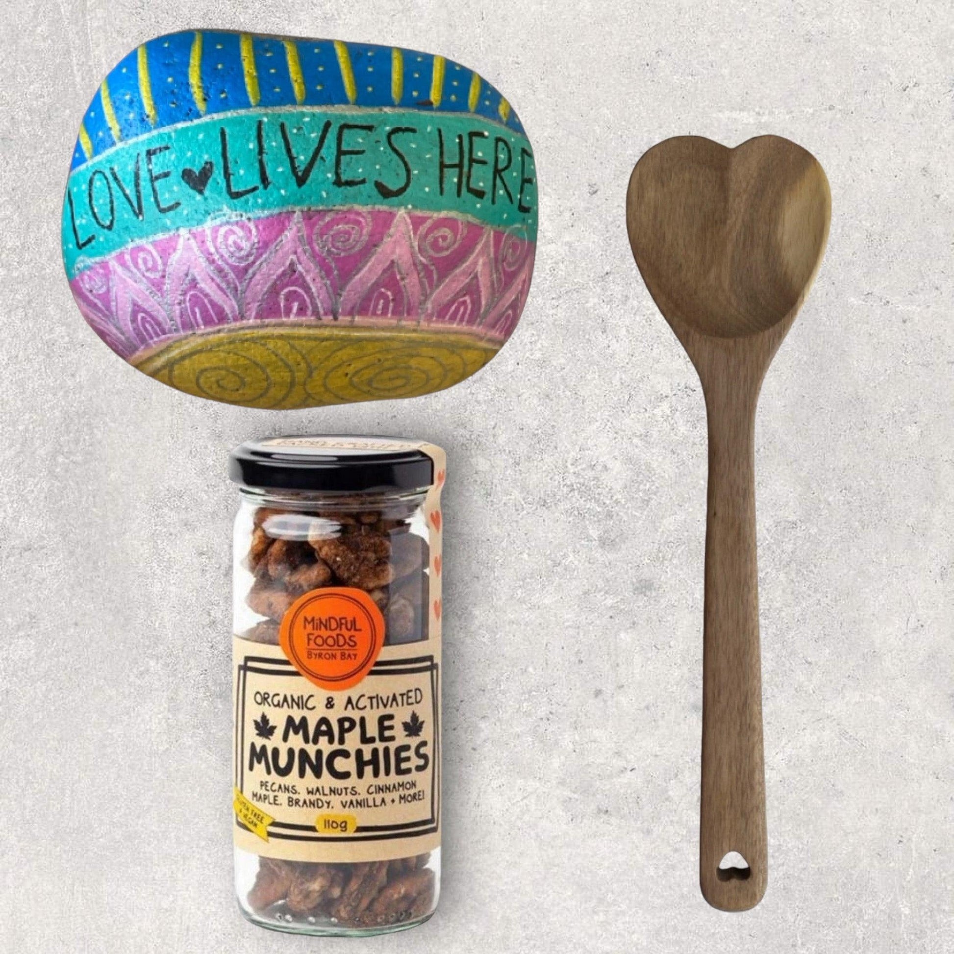 Byron Bay Maple Nuts Heart Wooden Spoon Love Lives Here Rock Gift Pack - The Renmy Store Homewares & Gifts 