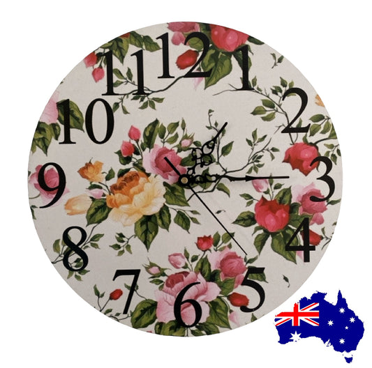 Clock Wall Country Cottage Floral Aussie Made
