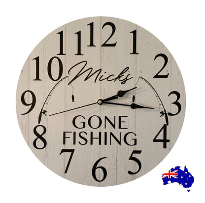 Clock Wall Gone Fishing Custom Personalised Aussie Made