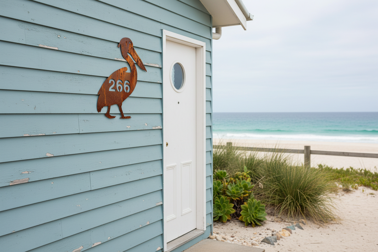 Pelican House Number Sign Custom Coastal Metal - Aussie Made