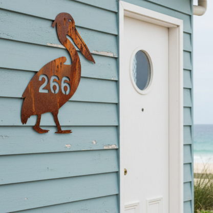 Pelican House Number Sign Custom Coastal Metal - Aussie Made