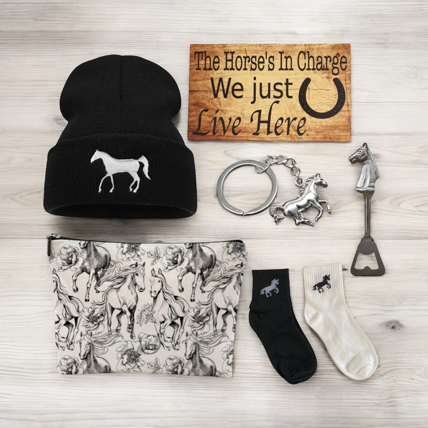 Horse Lover Bag Socks Cast Iron Bell Beanie Bottle Opener Sign Gift Set