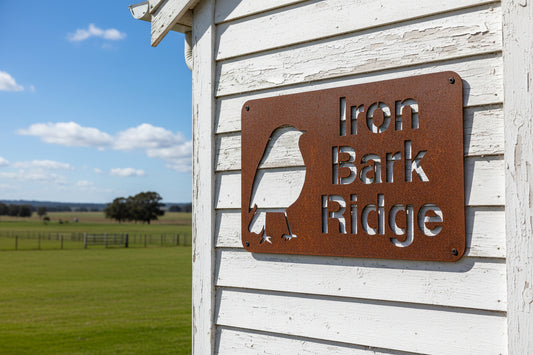 Custom Bird Property Sign Iron Bark Ridge - Personalised Rusty Metal Steel Sign - Australian Made