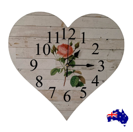 Clock Wall Heart Cottage Rose Aussie Made